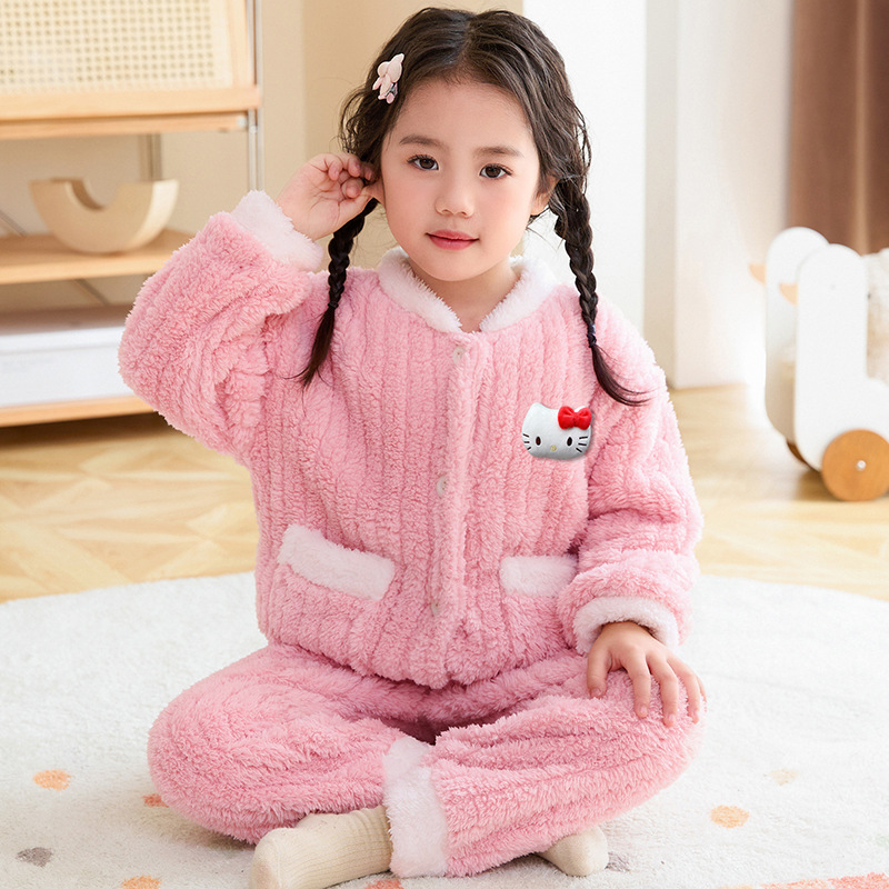 Picture of Children's Flannel Pajamas Winter New Girls' Thin Velvet Girls' Baby Children's Autumn and Winter Coral Velvet Home Clothes suit