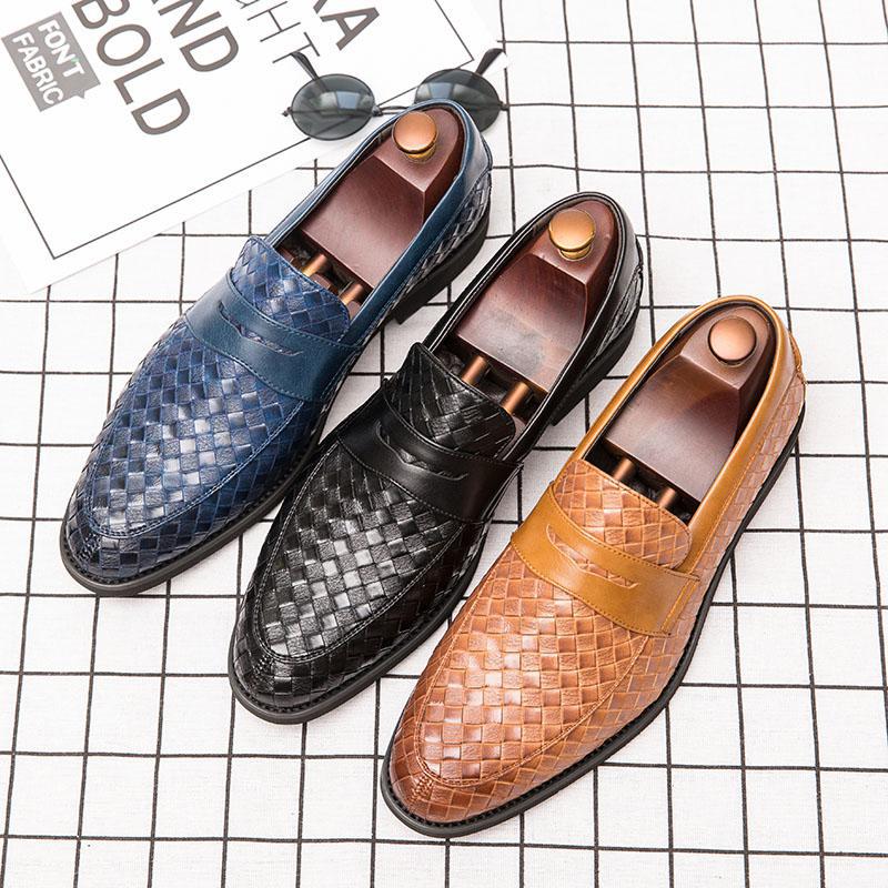 Cross-Border New plus size men's woven leather shoes pointed toe business casual slip-on shoes Foreign Trade British professional men's shoes