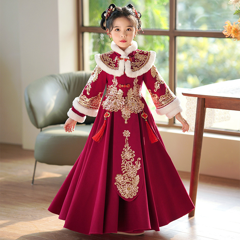 Girls' Hanfu Chinese Style Children's Ancient Costsize Winter fleece-lined Tang Suit Ancient Style dress New New Year's Service for Little Girls