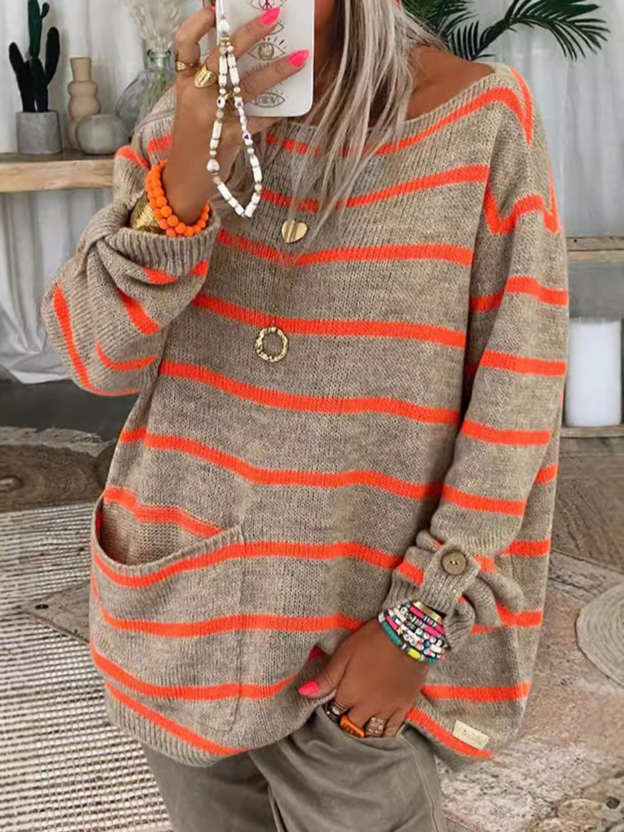 2025 Amazon Wish Independent Station European and American Cross-Border Loose Large Flap Pocket Pants Stripesd Knitted Long-Sleeved Pullover Sweater for Women