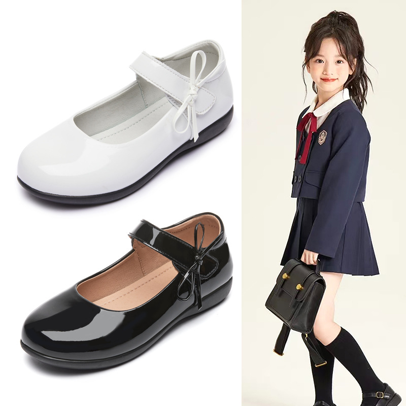 In-Stock Girls' Princess Leather Shoes, Black and White Performance Shoes, Soft-Soled Single Shoes for Young Children and Students, School Shoes, Non-Slip and Wear-Resistant