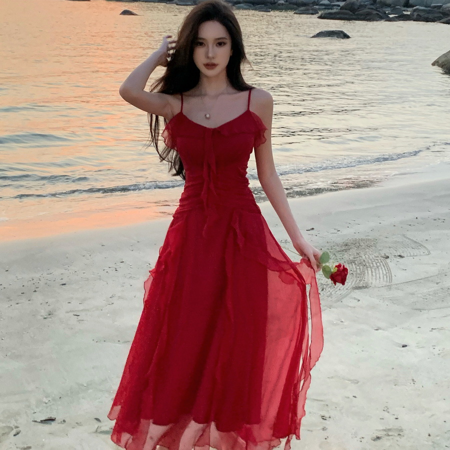 French Vacation Style Vintage Sling dress Red Engagement Dress Tight Waist Slimming Ruffled Beach Long Dress