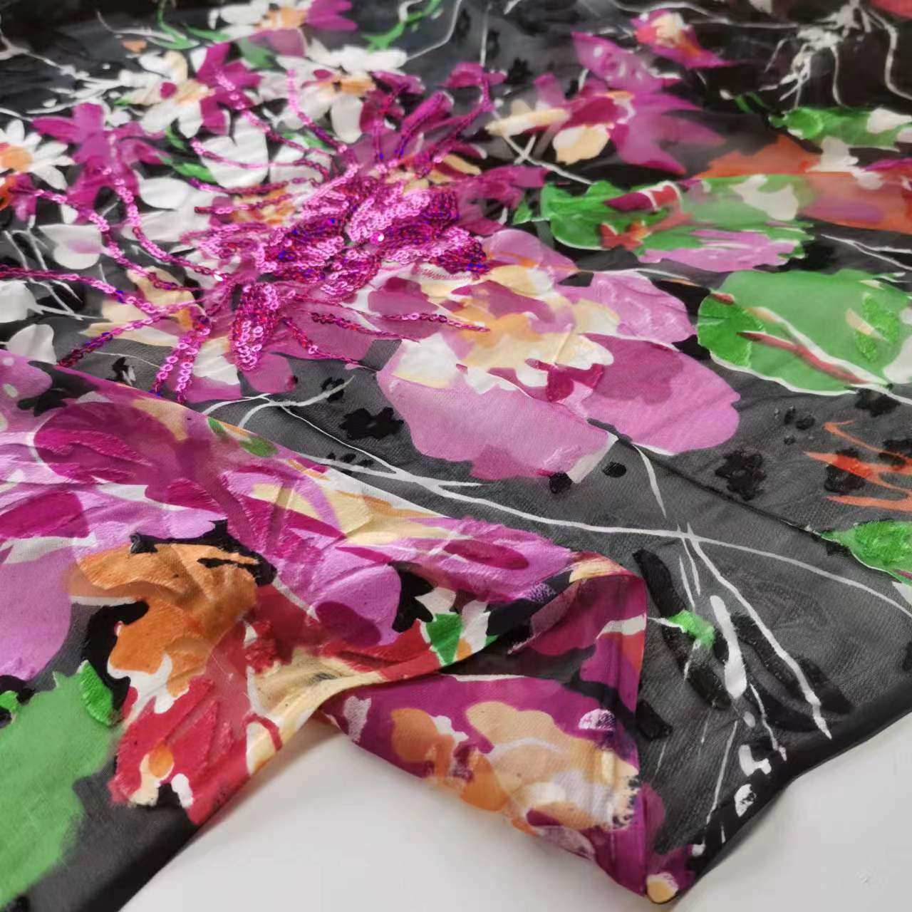 Silk and Rayon Blended Burnt-Out Gauze with Embroidered Sequins Headscarf Gauze Clothing Narrow Fabric