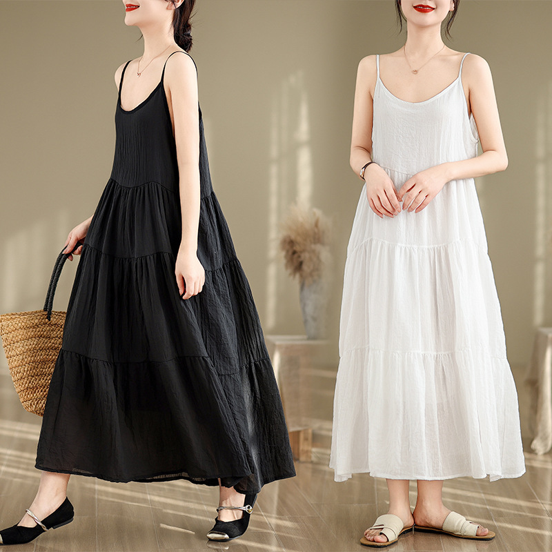 Cotton and Linen Sling Dress Women's 2024 Summer New Loose Literary Style Solid Color Cake Dress Large Size Linen Long Dress