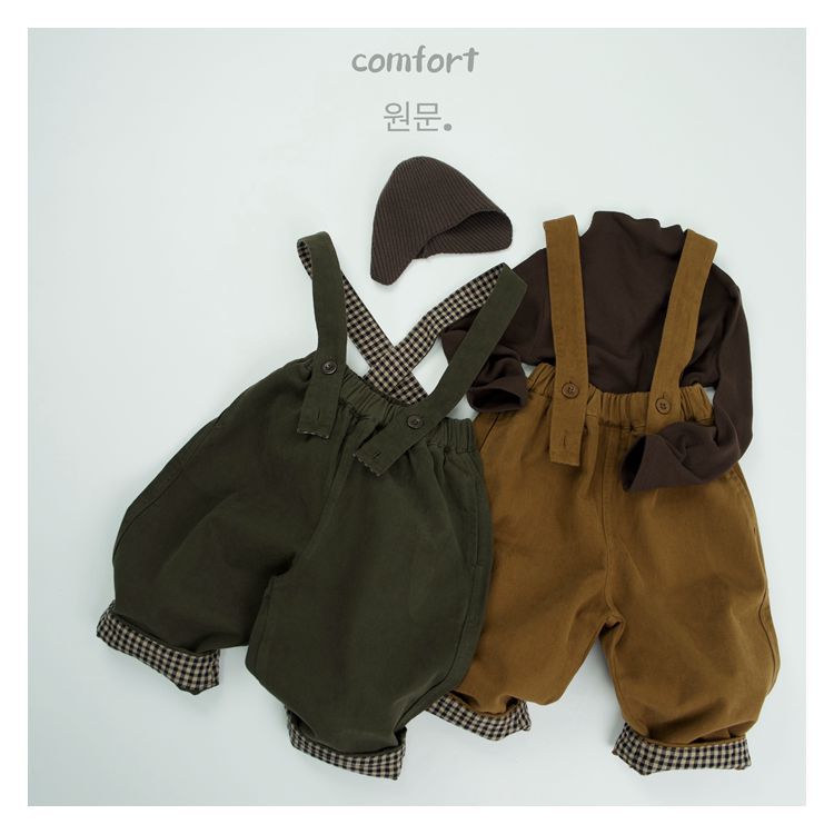 Children's Suspender Pants Spring and Autumn New Korean-style Retro Suspender Pants for Boys and Girls Plaid jumpsuit Class A Two-wear Trousers
