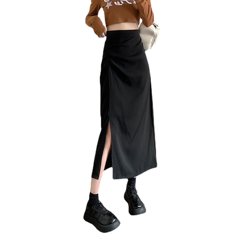 Irregular Pleated Slit Skirt for Women, Spring and Summer New Design, High-Waisted A-Line Hip-Hugging Mid-Length Skirt