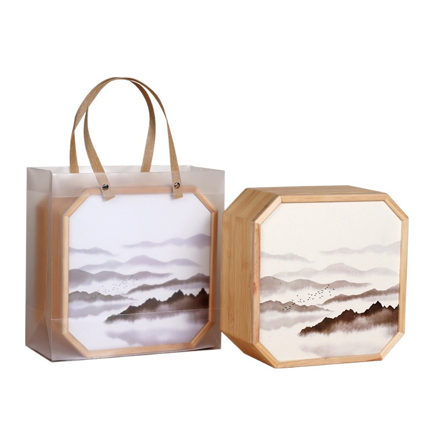 Large Box New Accompanying Gift Tea Gift Box Universal Empty Box Wooden Lid Transparent Handbag Two Cans Octagon Box