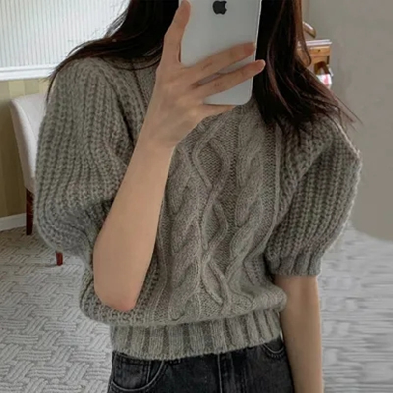 South Korea Gentle French Sweet Retro Twisted Crewneck Puff Sleeve Sweater Short Sleeve Top