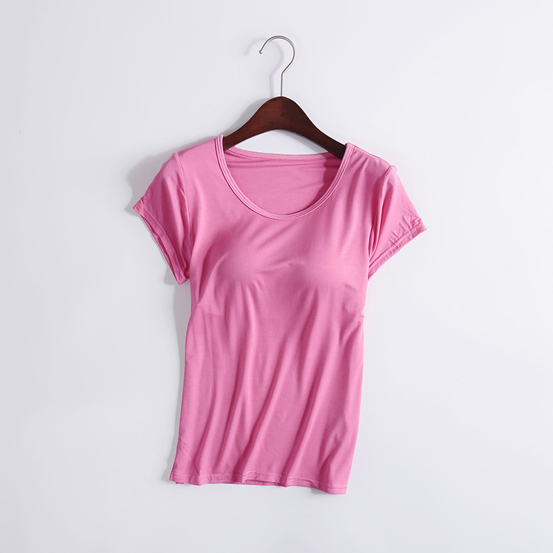 Picture of Modal T-shirt Women's Spring and Autumn Solid Color Short-sleeved Bra-free Yoga Bottoming Outer Wearing Cup All-in-one Home Clothes Inner Wearing