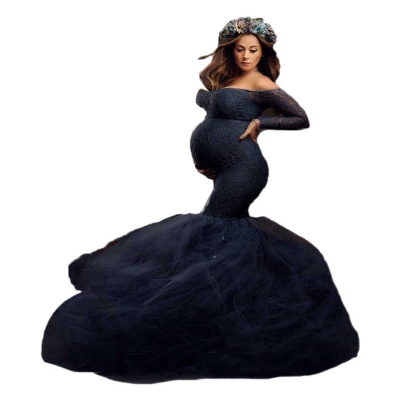European and American Foreign trade pregnant women's colorful gauze slim-fit small tail long sleeve multi-layer pleated evening dress studio shooting dress