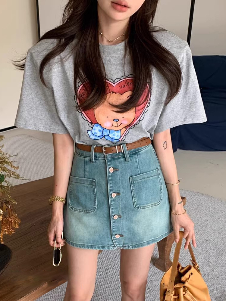 High Waist Buckle Elastic Retro Denim Skirt Women's 2024 Summer New Fashion A- line Skirt Pants Shorts