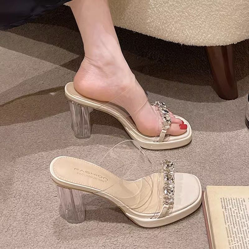 2023 Summer New Sexy Slippers with Transparent Sandals Crystal Chunky Heel Sandals for Women Outfit Internet Celebrity High Heels