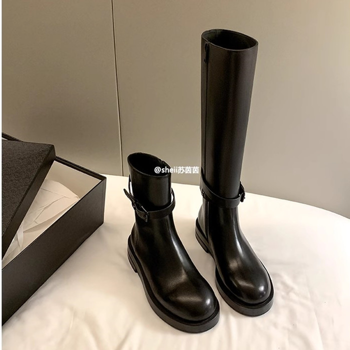 Grape Mom Style Detachable Two-Way Wear ~ Ann Buckle Strap Thick-Soled Mid-High Boots Women's Riding Boots Genuine Leather Short Boots