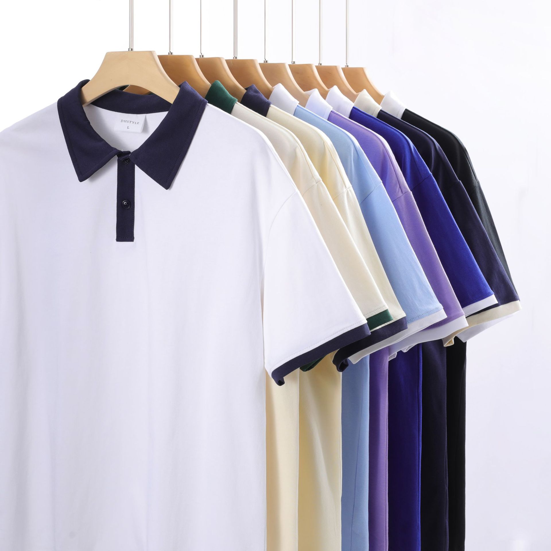 Summer new contrast Hong Kong style men's polo shirt short sleeve 230g heavy cotton commuter Joker lapel T-shirt Women