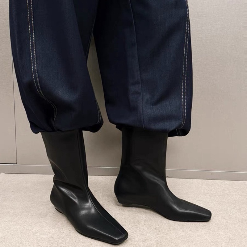 Korean Style Small Square Toe Flats Mid-Calf Boots Short Boots for Women Versatile Fashion Boots Single Boots Wide Slim Boots Knight Boots for Women
