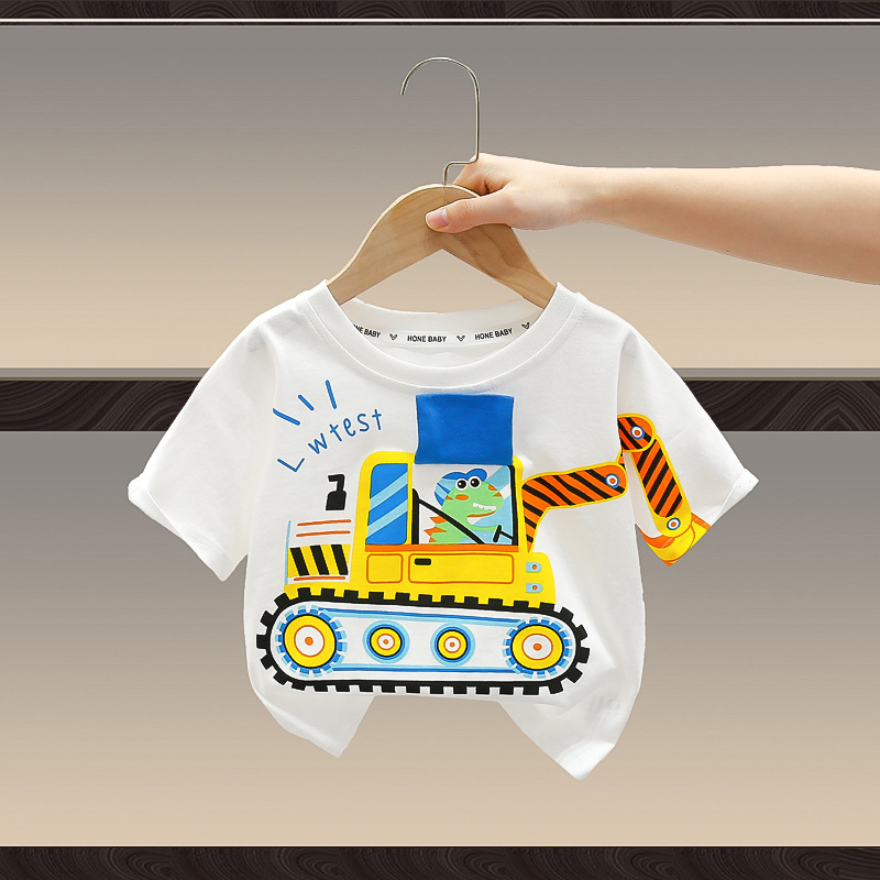 7819 Kidsren's Summer Short-Sleeved T-Shirt Thin 2025 New Boy Cartoon Excavator Clothes Baby Summer Half-Sleeved