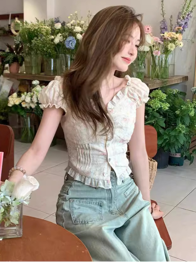 Summer New French Girly Style Embroidered Floral Tight Waist Short Top Small Shirt Women's Ear Bubble Sleeve Shirt
