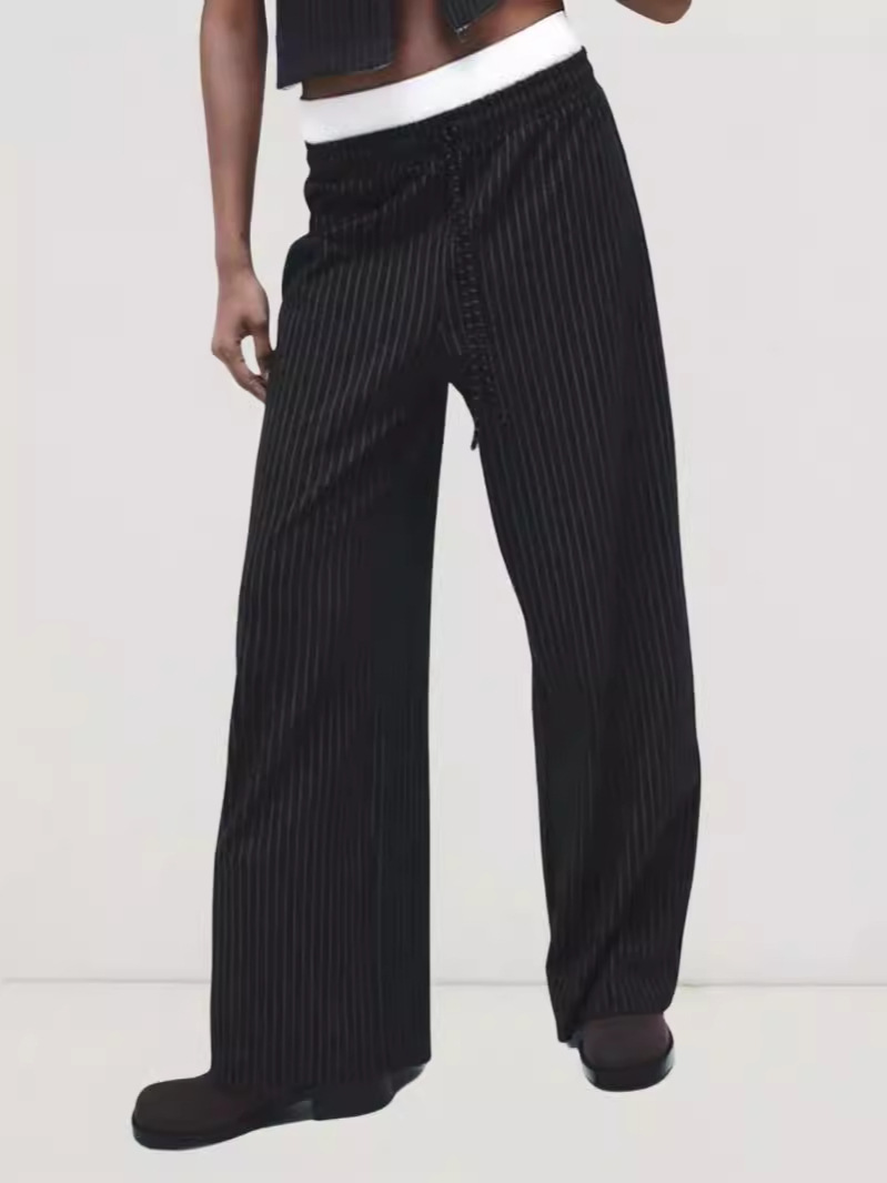 European and American Cross-border Amazon 2024 Spring and Summer High Waist Straight Pants Fashionable Slimming All-match Pinstripe Wide Leg Pants Women