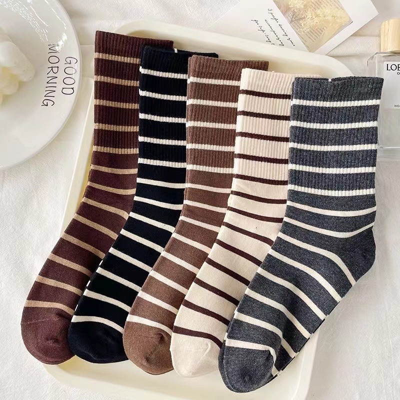 Maillard Black and White Striped Socks Women's Autumn and Winter Ins Trendy All-Match Korean Style Internet Celebrity Popular Sports Stockings