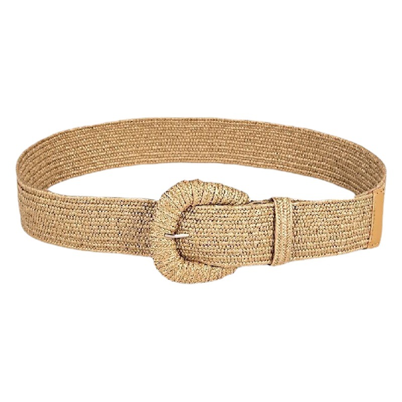 Manufacturer Wholesale Straw Retro Spring and Summer New Style Hand-Knitted Buckle Elastic Elastic Pp Straw Belt with Dress