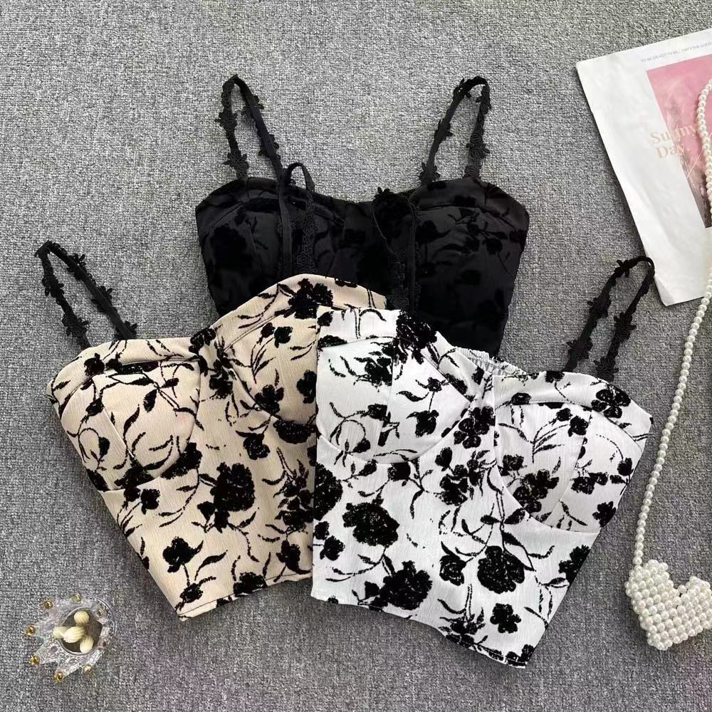 French style retro rose floral small strap inner and outer wear summer design sense beautiful back niche hot girl short top