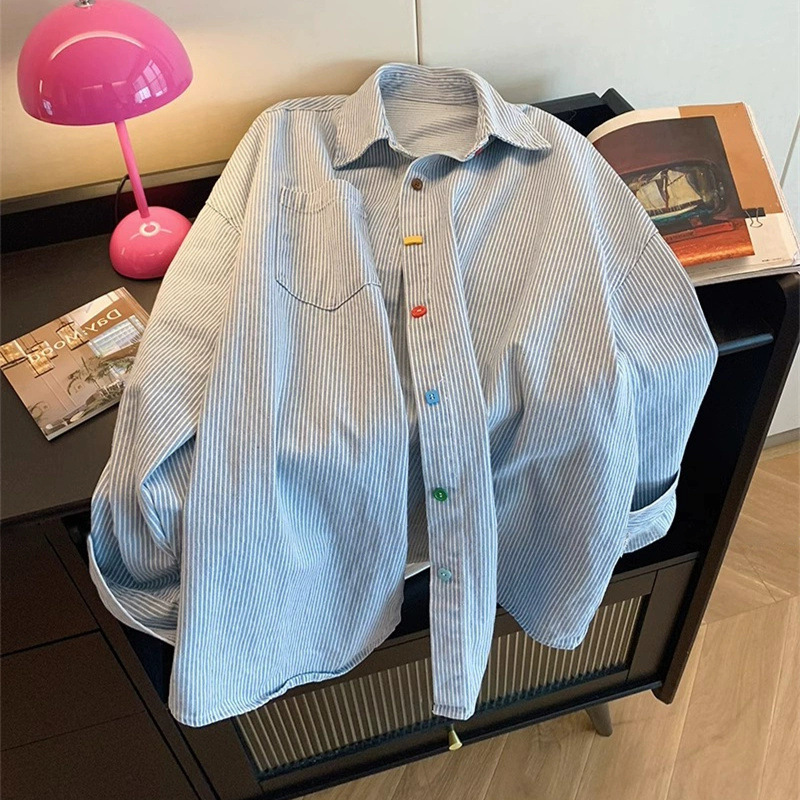 Vintage Simple Color Contrast Denim Striped oversize Loose All-match Polo Collar Shirt Women's Spring Long-sleeved Top