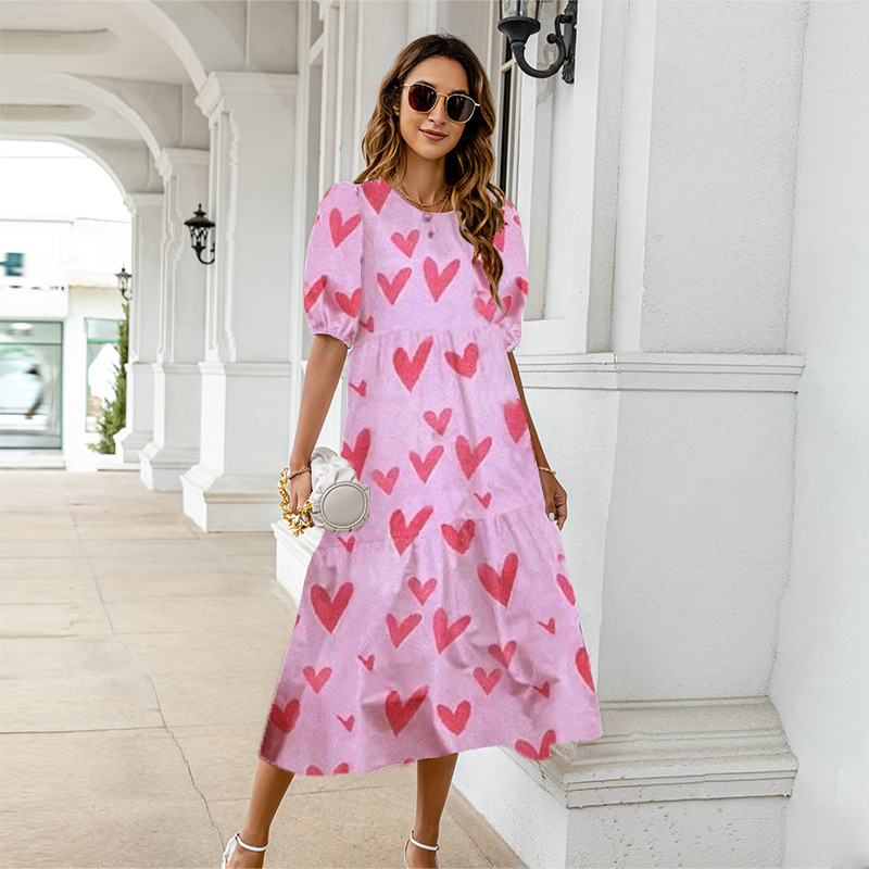 Summer 2025 Women's Casual Short-sleeved Yellow Polar Dot Printed Loose Ruffled dress Puff Sleeve Beach Dress