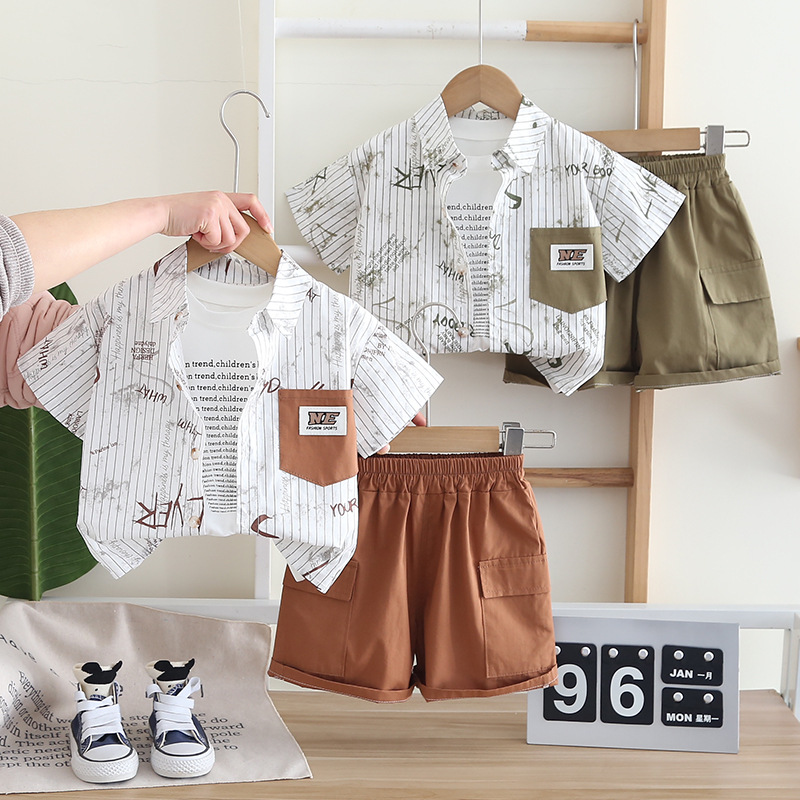Foreign Trade New Children's Vertical Strip Letter Shirt Short-sleeved suit Boy's Summer Casual Comfortable Thin Three-piece Fashionable Suit
