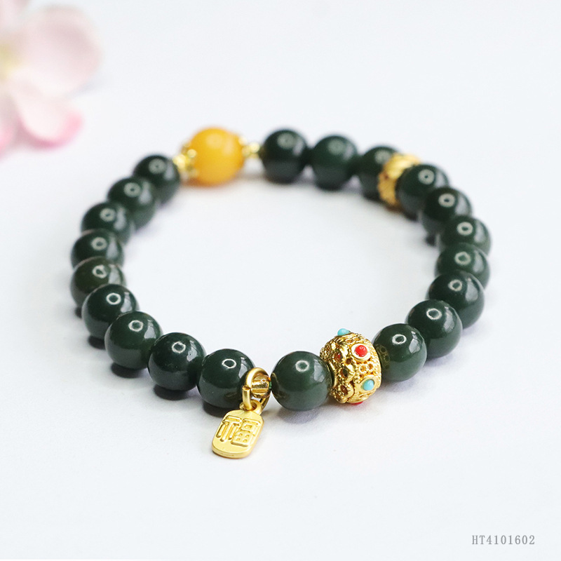 Juyu Natural Hetian Jade Tower Green Bracelet Black Sapenta Beeswax Bracelet New Chinese Style Wholesale HT4101602