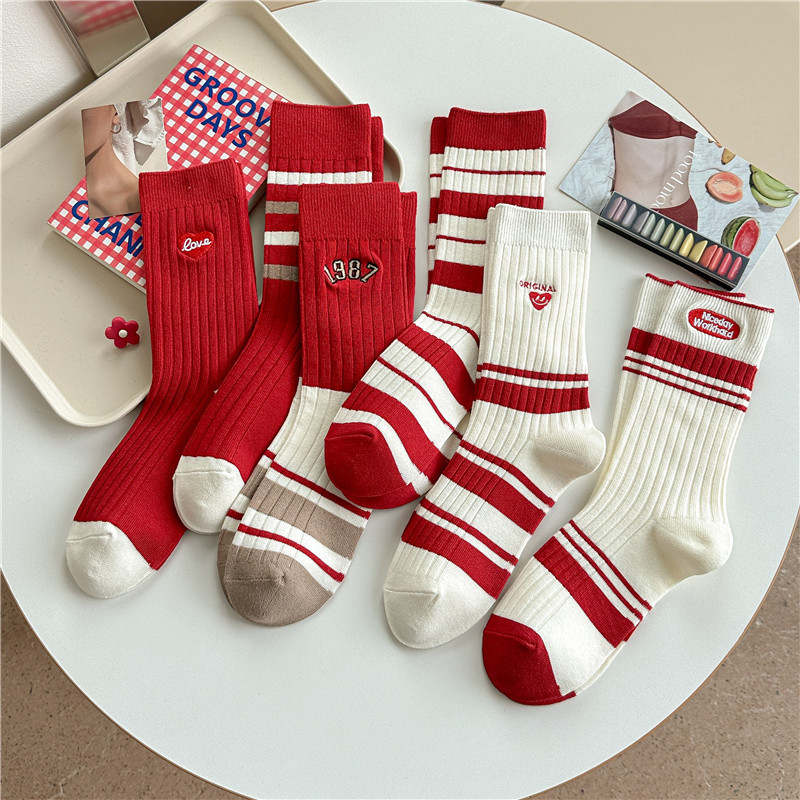 Socks women's birth year red women's mid-calf length socks ins tide striped embroidered wedding women's socks pile socks cotton socks
