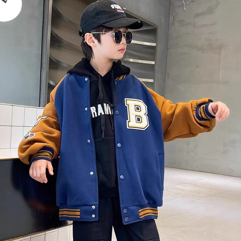 Boys Autumn Coat 2024 New Middle-big Children's Spring and Autumn Boys Autumn fleece-lined Autumn and Winter Baseball Suit