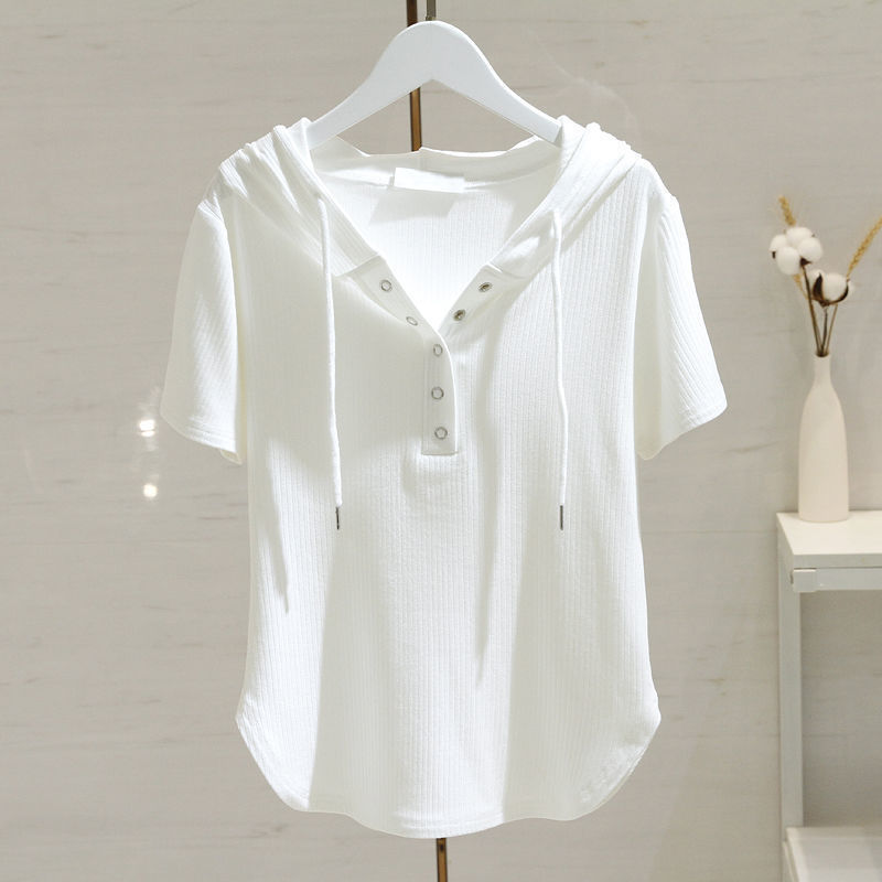 Pit Strip - White Hooded Short-Sleeved T-Shirt for Women 2025 Summer New Style Loose Slimming Look Drawstring T-Shirt Top