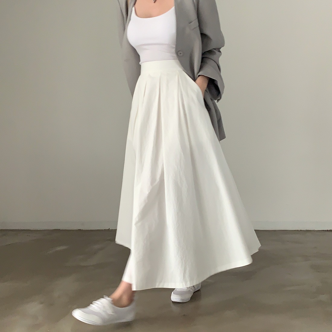 South Korea chic Spring French style elegant high waist cross-covering slimming solid color all-match A- line pleated skirt long skirt for women