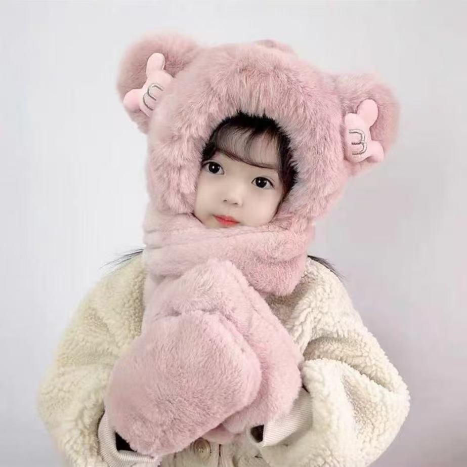 Picture of New Bear Hat Winter Hat Cute Warm Thickened Scarf Integrated Ear Protection Hat Three-Piece Set Cycling Cold Protection Hat