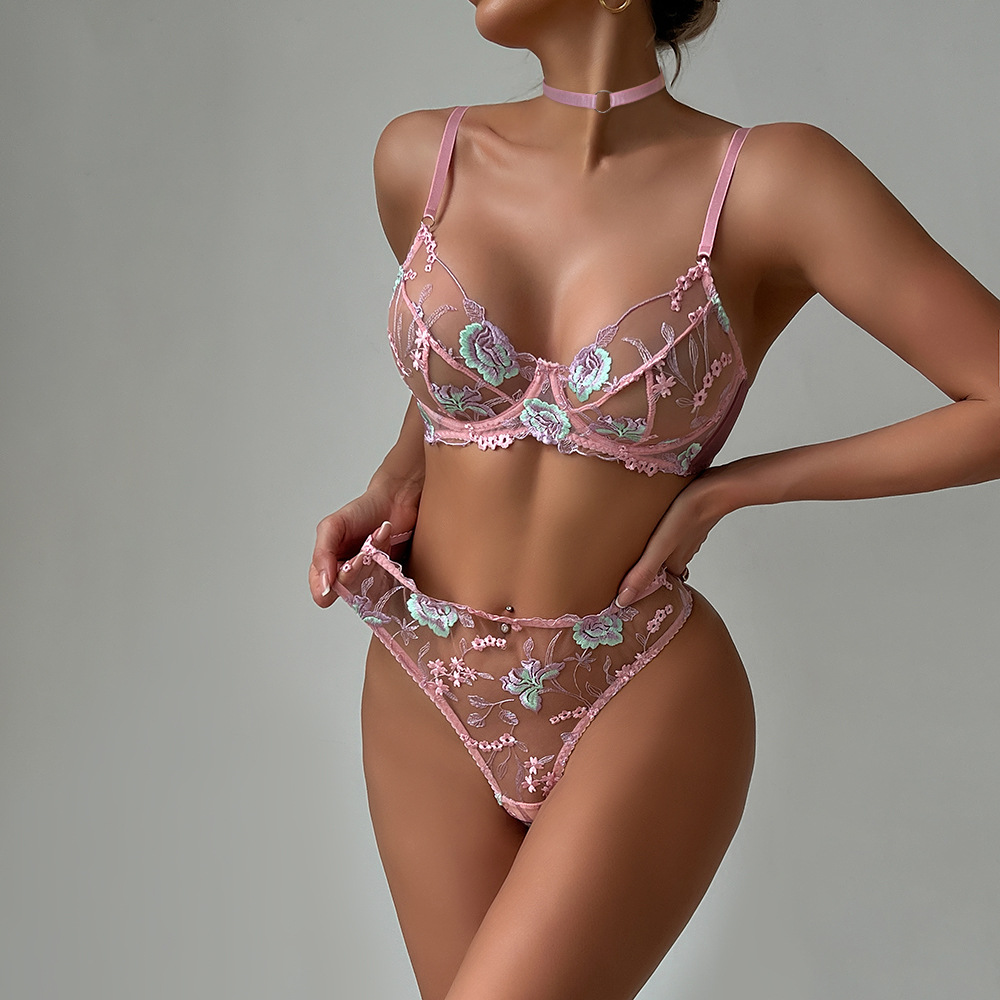 Europe and the United States cross-border lace embroidery women's bra flower embroidery advanced craft steel ring gathered sexy underwear suit