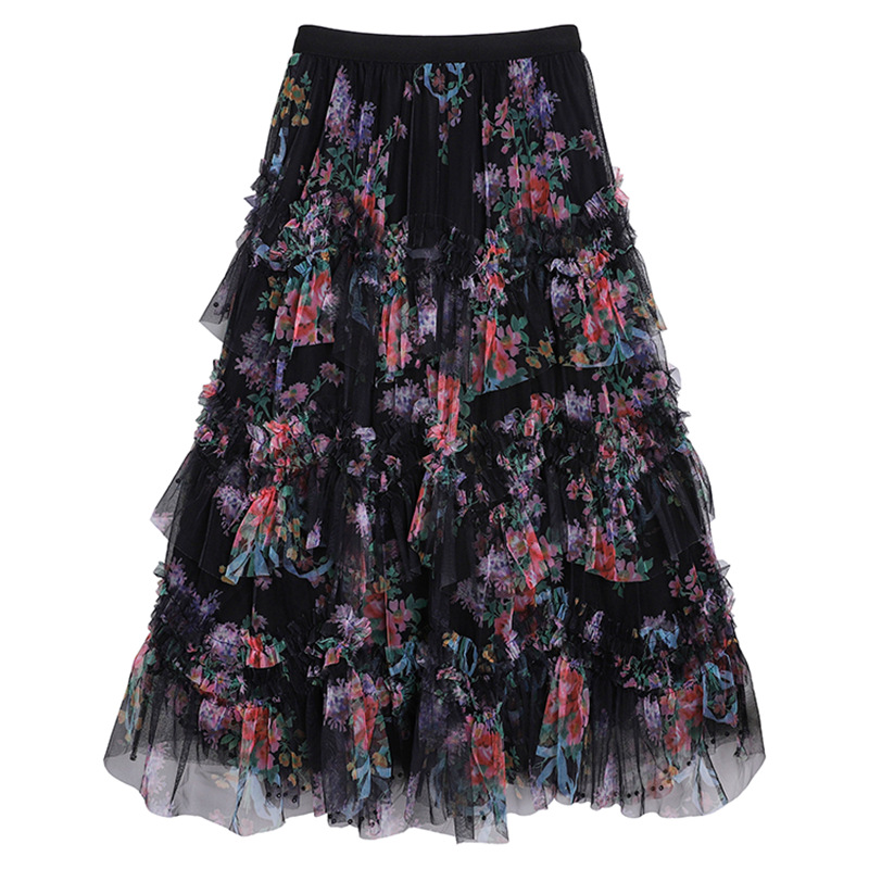 Picture of Fei Yuan High Waist Elaptic A- line Mesh Half Skirt Summer New Style Layered Floral Cake Skirt for Women
