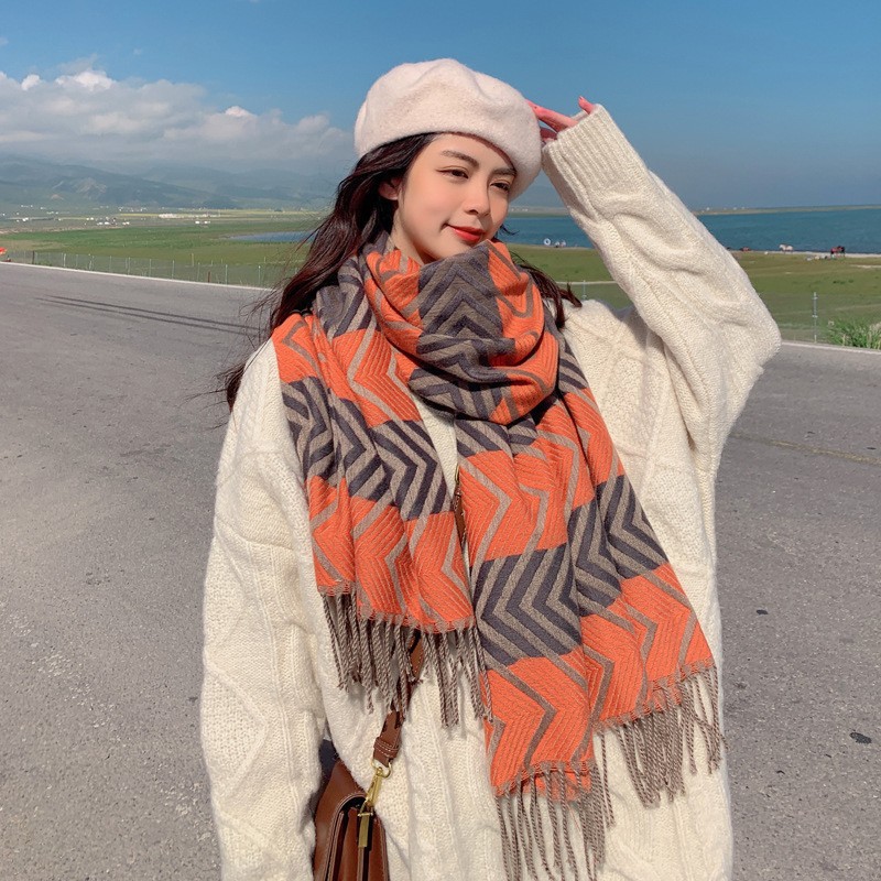 ins plaid scarf for women autumn and winter versatile Korean style fashion shawl dual-use student warm cashmere-like scarf fashion