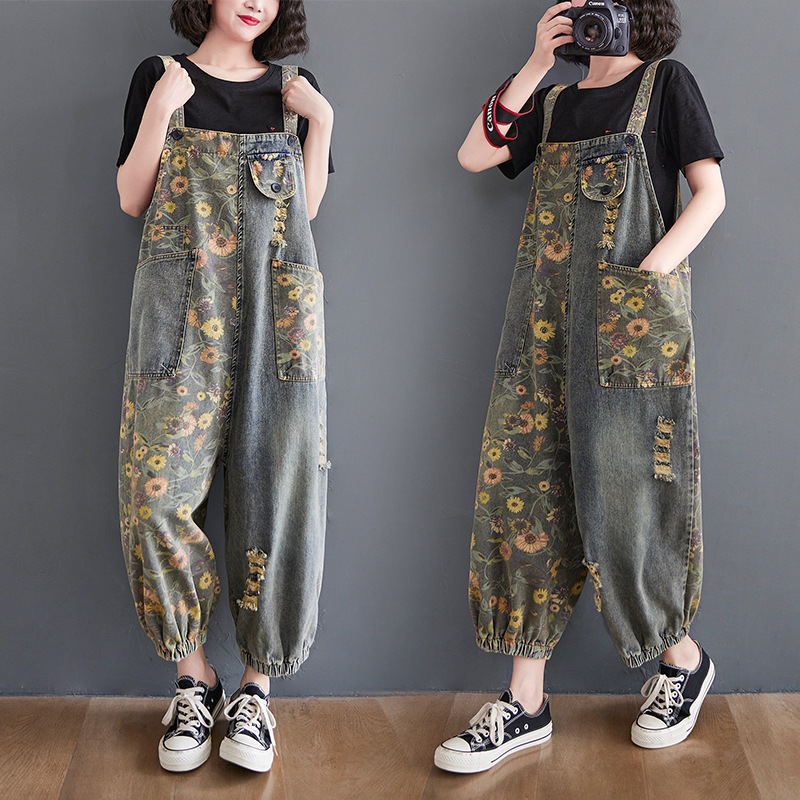 Real Shot in Stock # 2025 Spring and Summer New Style Literary Large Size Printed Denim Overalls for Women # Price Limit