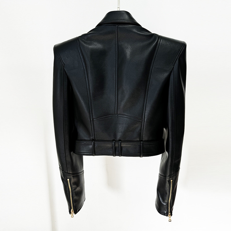 Picture of Spot 2025 Early Autumn New European and American Star Fashion Stylish Shrug Double-Breasted Short Motorcycle Leather Jacket