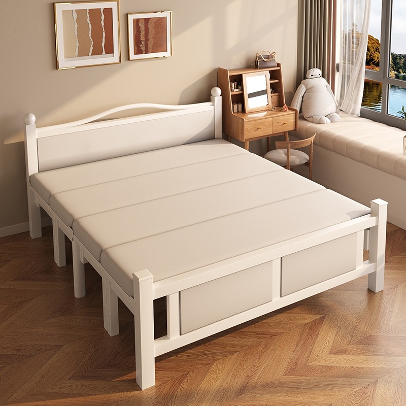 Folding Bed for Single Bed, Simple Home Use for Nap, 1.5m Double Bed for Adults, Rental Room Small Bed, Iron Hard Board Bed