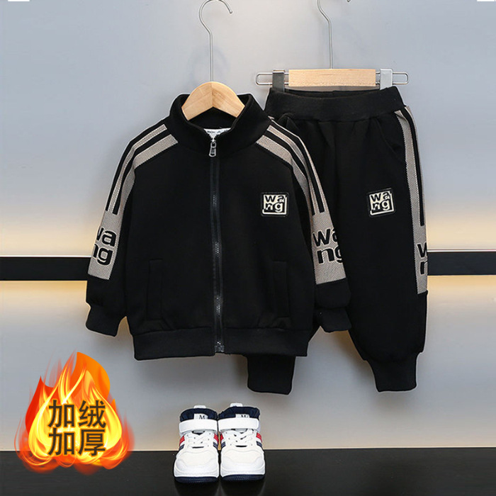 Picture of Boys' fleece-lined thickened cardigan top sweatpants two-piece set autumn and winter New versatile Western style sports casual pants suit