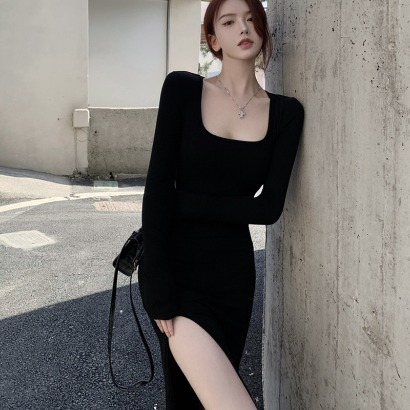 Cross-Border [230g High Elastic Band] Sexy Square Neck Dress with Waist Slimming Look and Slim Fit Slit Bottoming to Cover the Buttocks