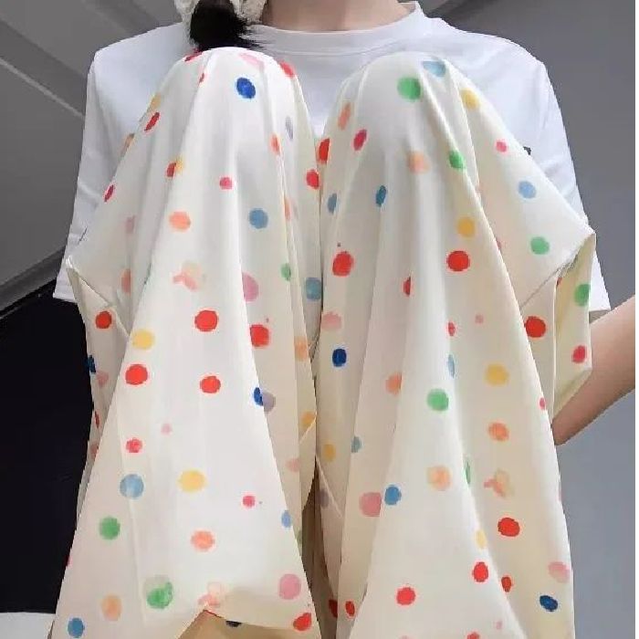White Pants Rainbow Polka Dot Wide-Leg Pants Women Drapey Relaxed Pants Women Summer Petite Yamamoto Pants Casual Pants
