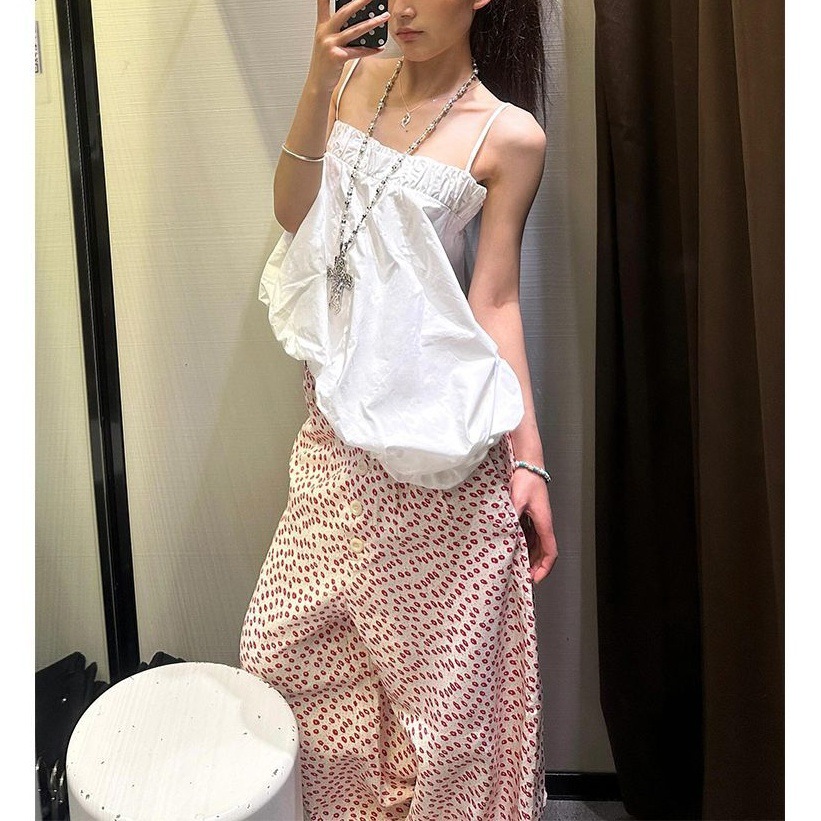 Korean Style Suit for Women, White Pleated Elastic Chest-Wrapped Camisole for Hot Girls, Irregular Flower Bud Backless Short Top