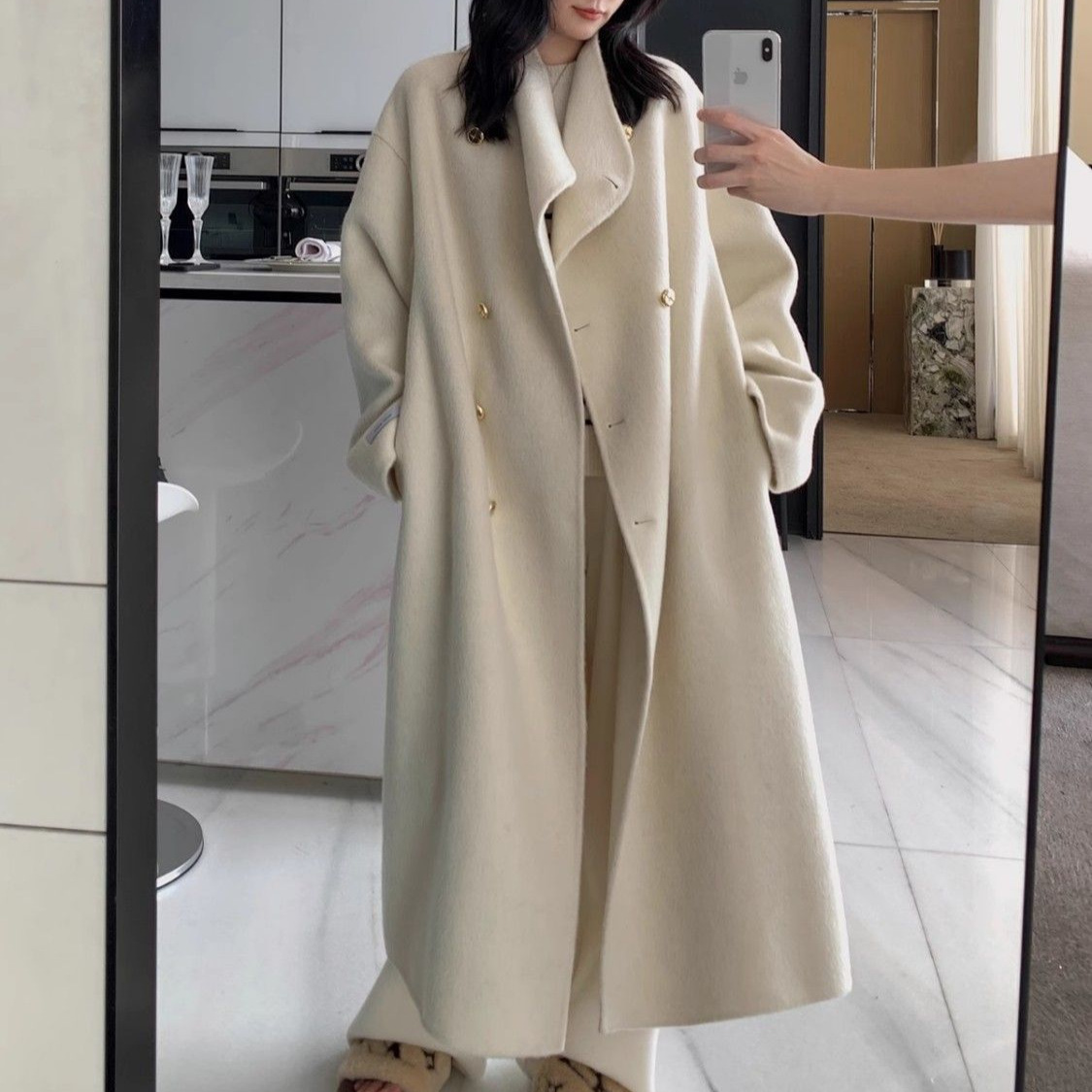 Gray Double-Sided Woolen Outwear for Women Mid-Length 2025 Autumn and Winter New Korean Style Loose Knee-Length Woolen Outwear