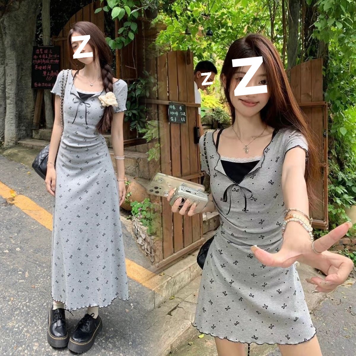 High-end printed short-sleeve pure desire dress for women, summer elegant lace lace waist-cinching A-line pencil skirt