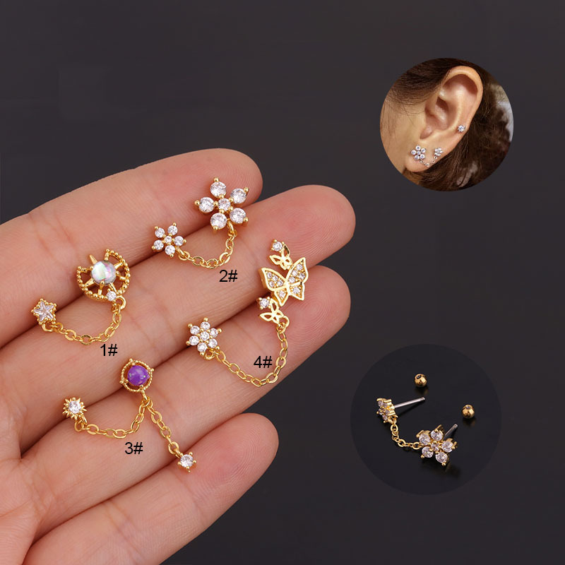 Korean New Creative Flower Zircon Double Ear Holes Earrings Women's Stainless Steel Fashion Screws Earrings Puncture Ear Bone Nails