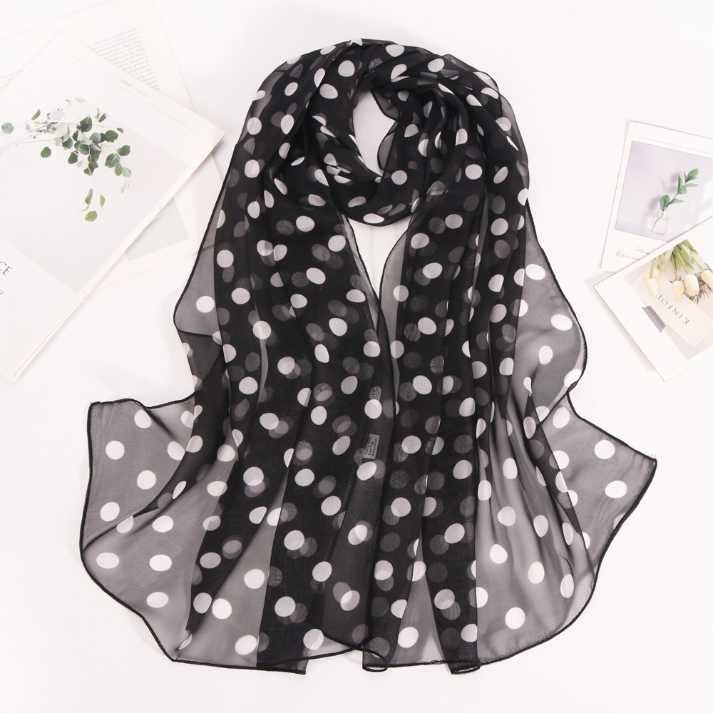 Versatile Black and White Polka Dot Silk Scarf Soft and Breathable Georgette Printed Silk Scarf Women's Neck Gaiter Long Silk Scarf Wholesale
