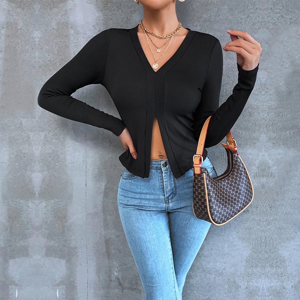 2024 Spring and Summer Cross-Border European and American Clothing Elegant Work Clothing Long-Sleeved Slim Pullover Exposed Navel Slit Women's T-Shirt Top