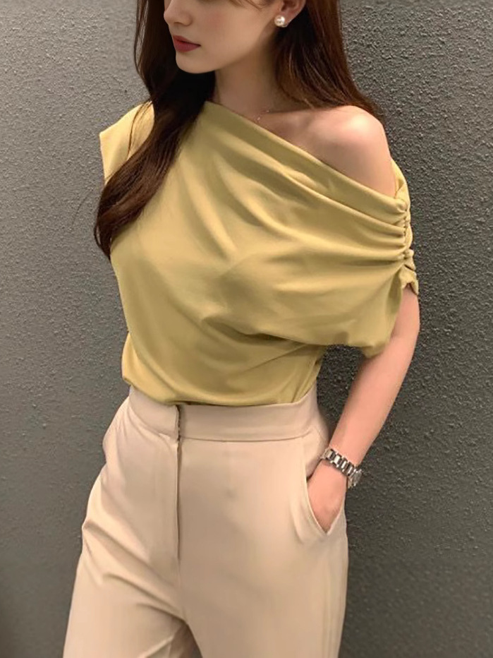 Korean Chic2025 Summer French Asymmetrical Shoulder Design Loose Pure Color Pullover Short-Sleeved T-Shirt for Women Trendy